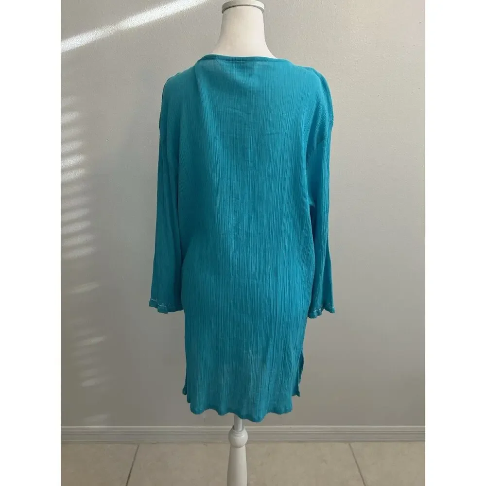 Sea Shells Embroidered coverup tunic V Neck Sea Teal Green Casual Beach Boho XL